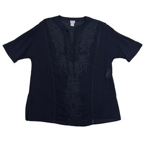Chicos Tunic Top Womens Size 1 Navy Embroidered Semi Sheer V Neck Resort Wear